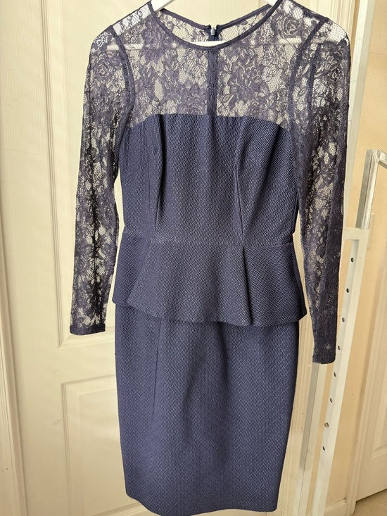 David Meister Navy Lace Long-Sleeve Peplum Sheath Dress - Picture 3 of 12